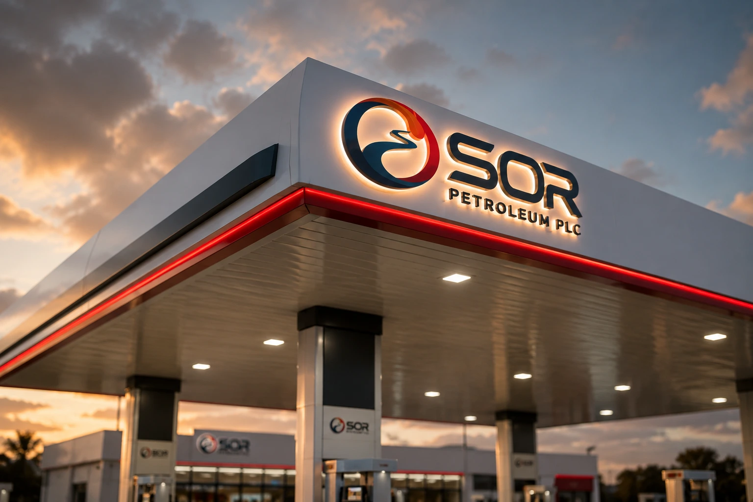 SOR Petroleum branded fuel station canopy at sunset