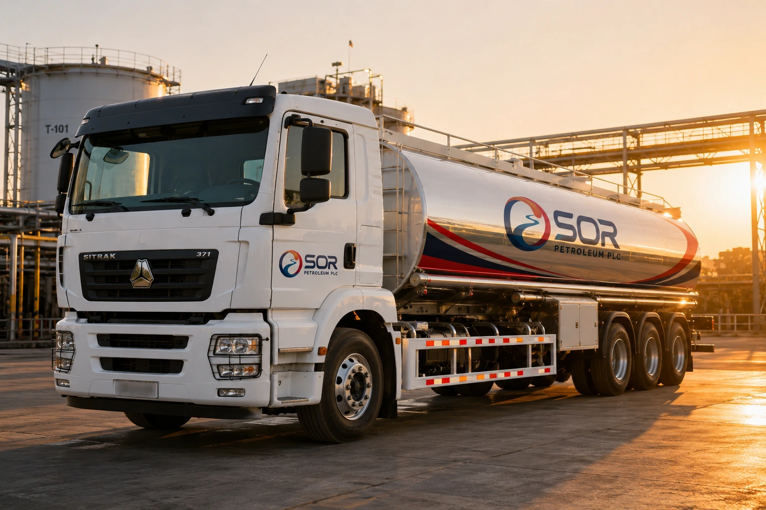 SOR Petroleum tanker truck at golden hour